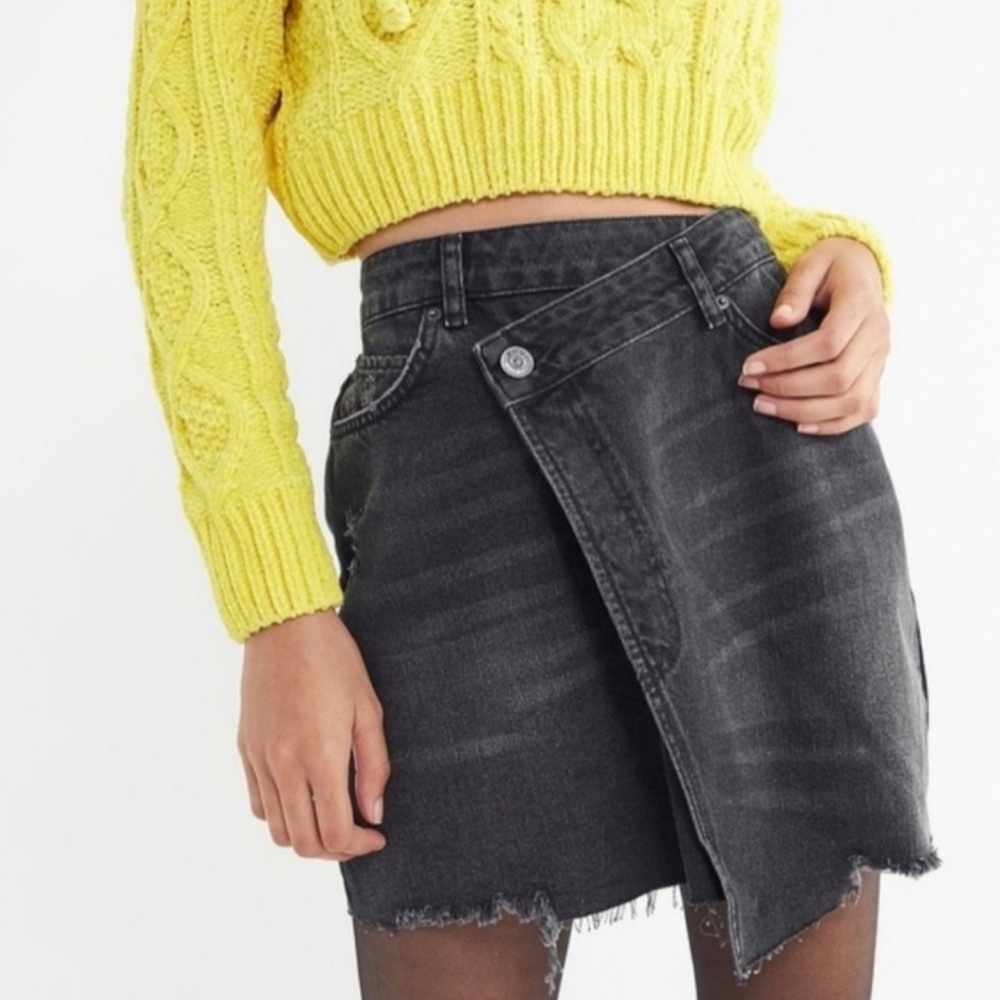 Asymmetrical Distressed Denim Wrap Skirt